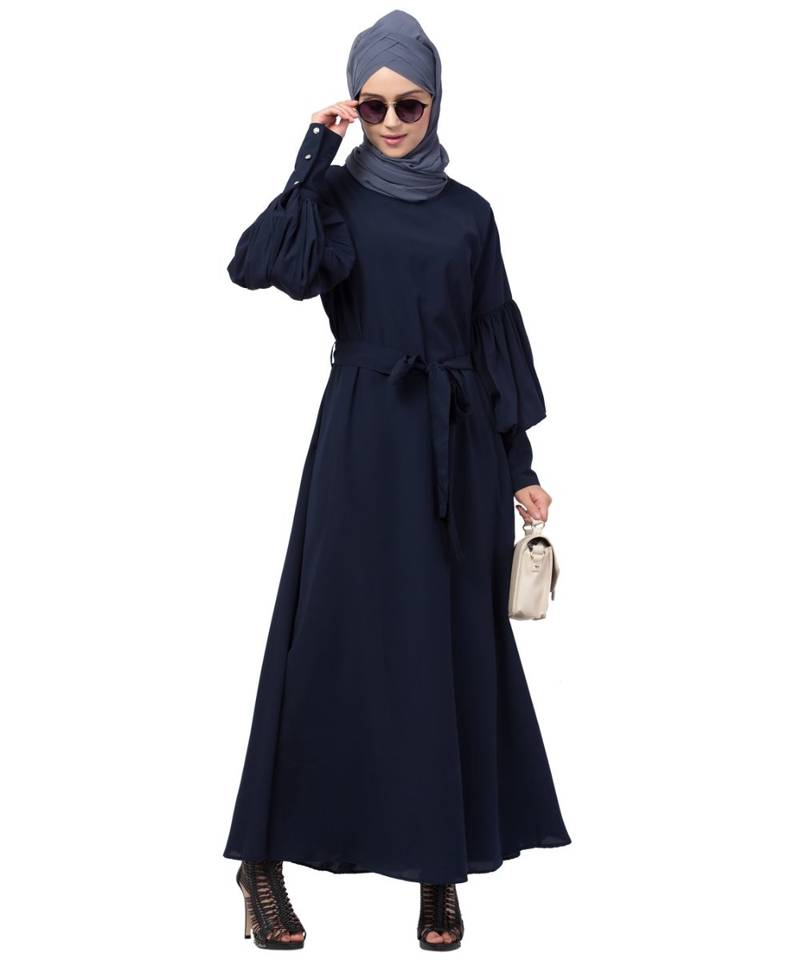 Nazneen long cuff full balloon sleeve with belt A line Abaya