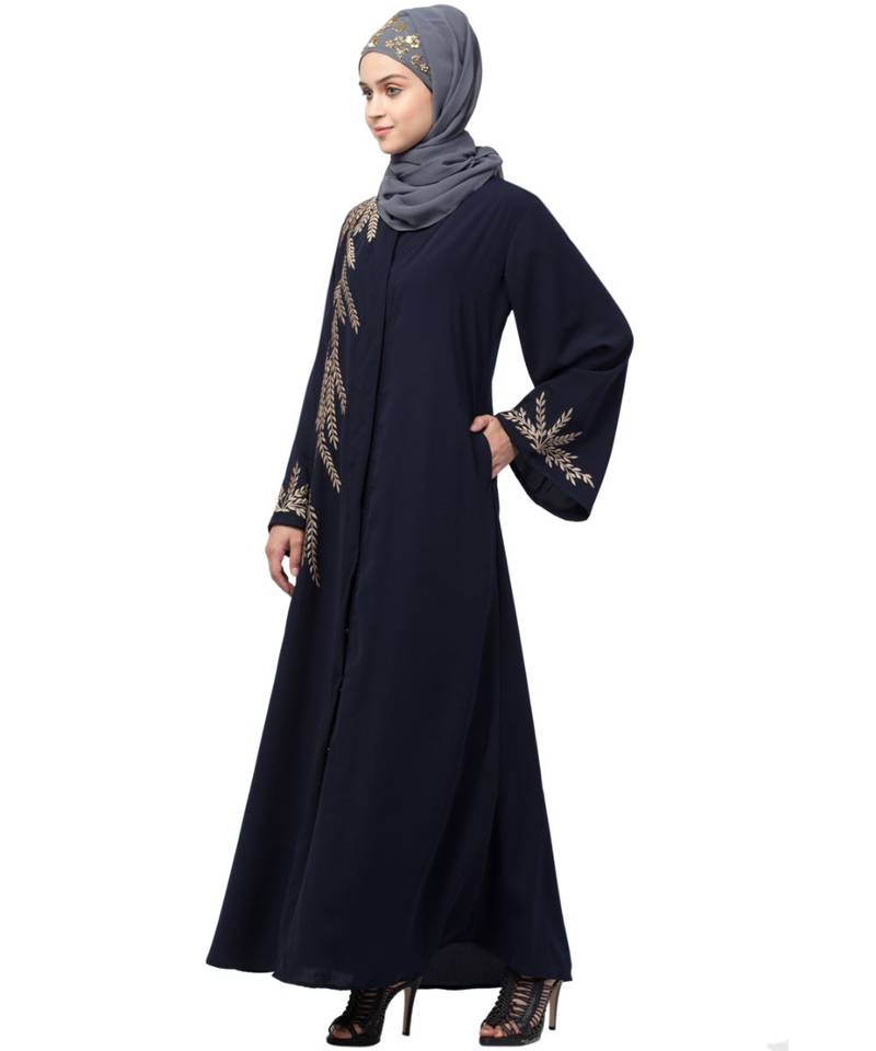 Nazneen one side & sleeve Resham Embroidery front open Abaya