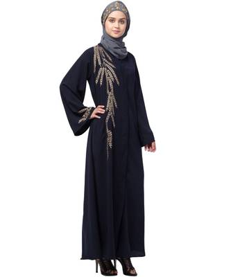 Nazneen one side & sleeve Resham Embroidery front open Abaya 4