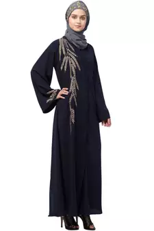 Nazneen one side & sleeve Resham Embroidery front open Abaya