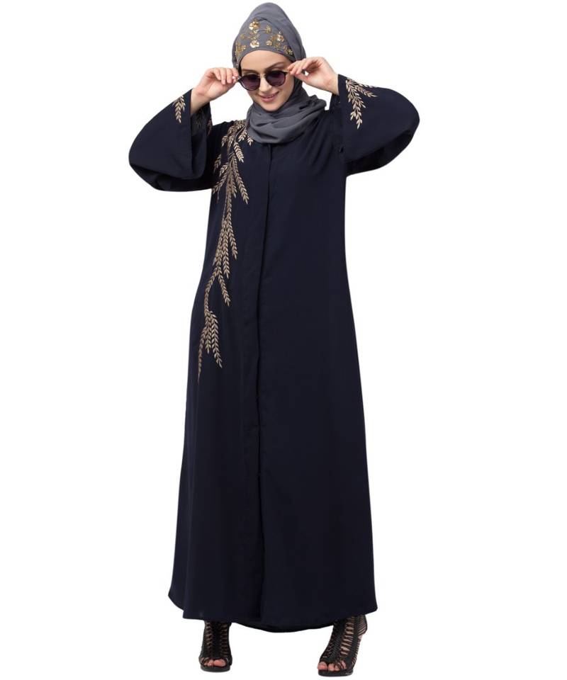 Nazneen one side & sleeve Resham Embroidery front open Abaya