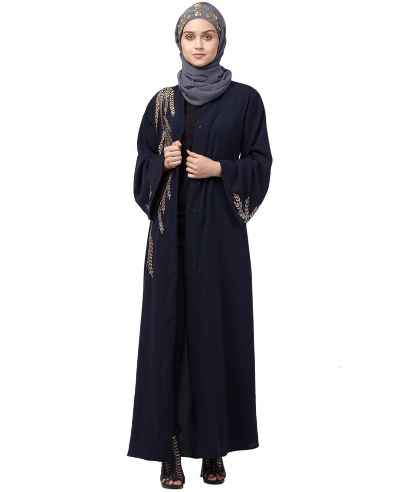Nazneen one side & sleeve Resham Embroidery front open Abaya