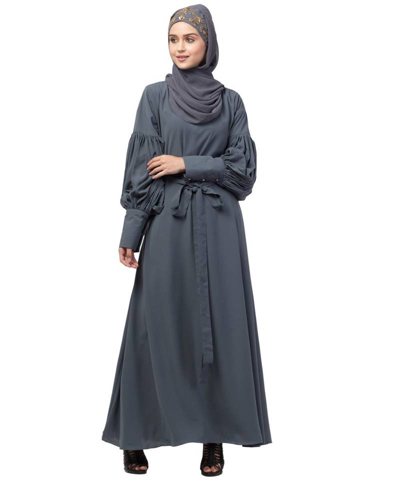 Nazneen long cuff full balloon sleeve with belt A line Abaya