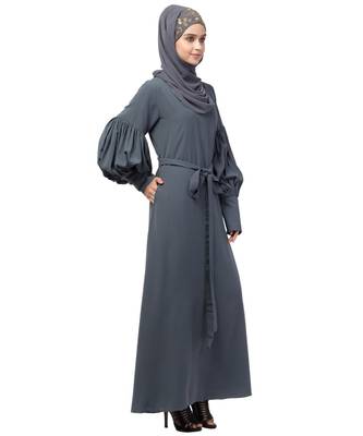 Nazneen long cuff full balloon sleeve with belt A line Abaya 3