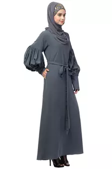 Nazneen long cuff full balloon sleeve with belt A line Abaya
