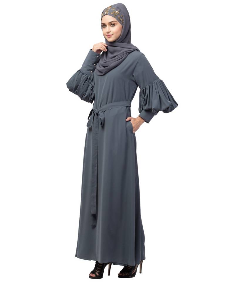 Nazneen long cuff full balloon sleeve with belt A line Abaya