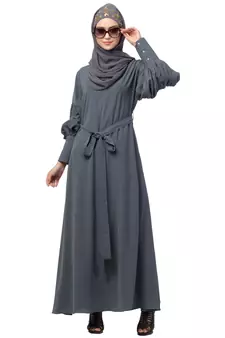 Nazneen long cuff full balloon sleeve with belt A line Abaya