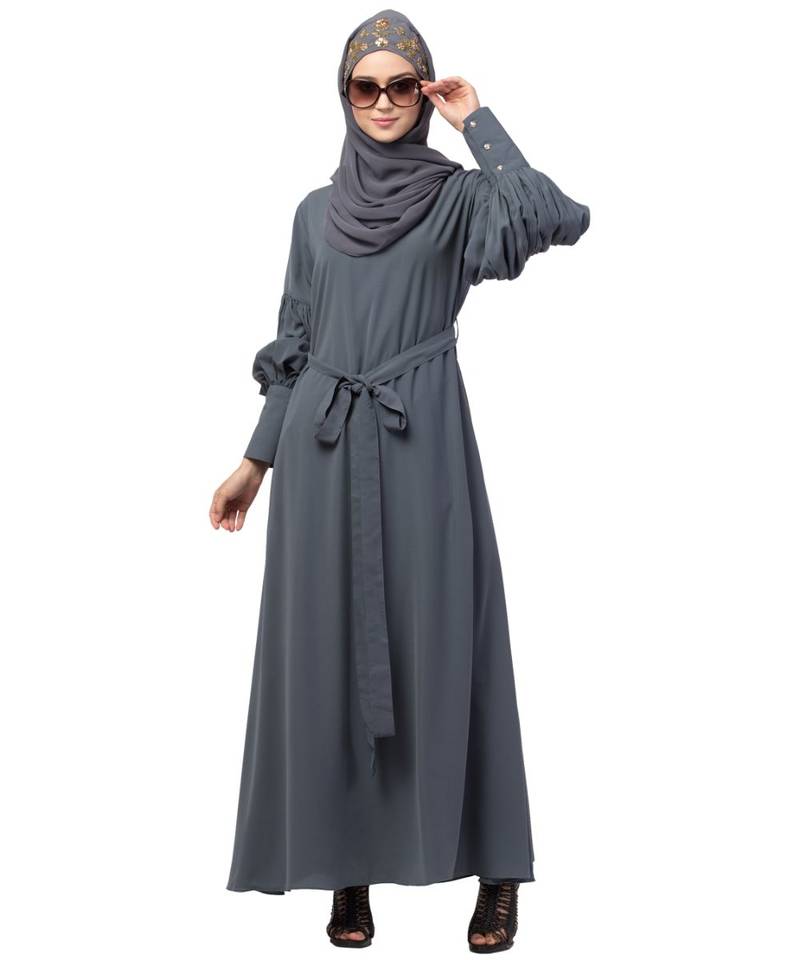 Nazneen long cuff full balloon sleeve with belt A line Abaya