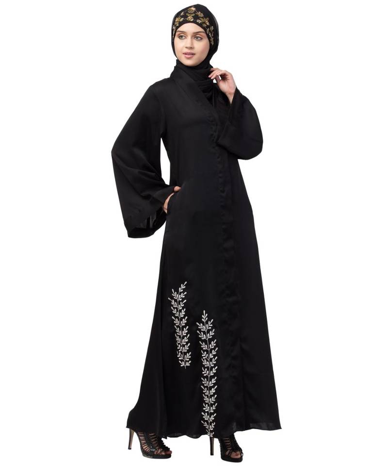 Nazneen side embroidery at bottom front open Dubai Abaya