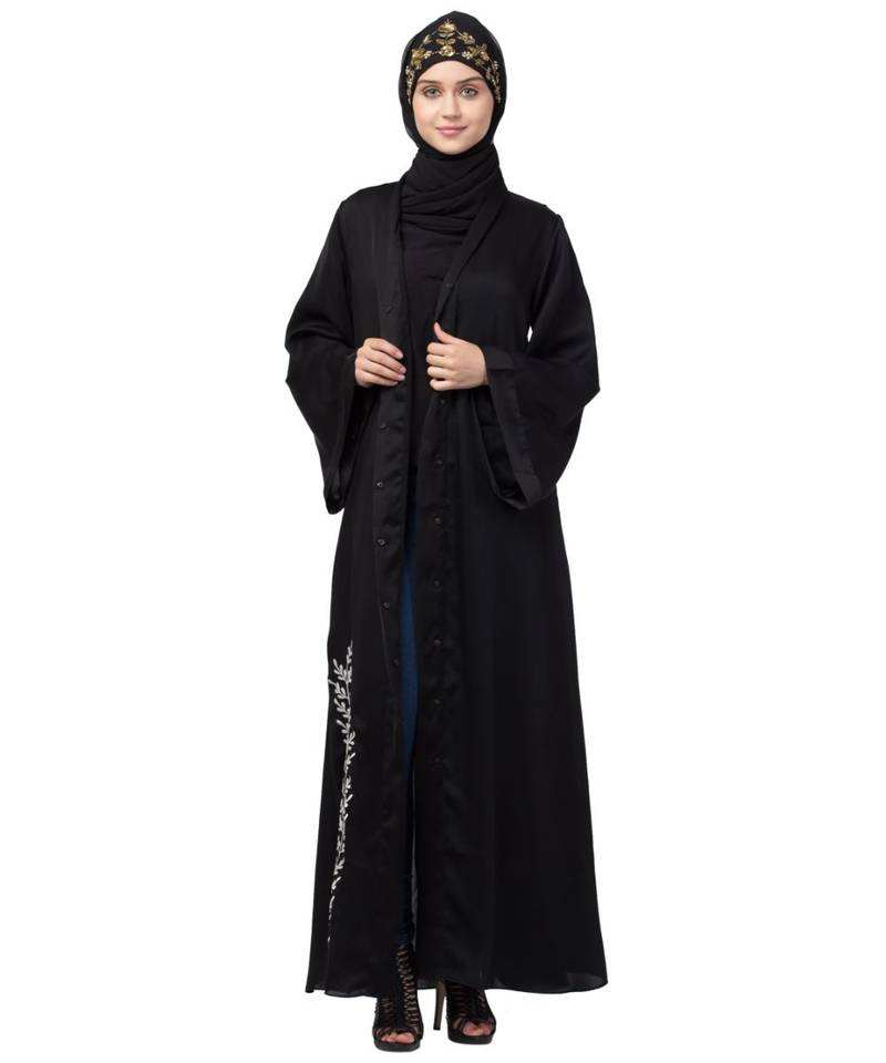 Nazneen side embroidery at bottom front open Dubai Abaya