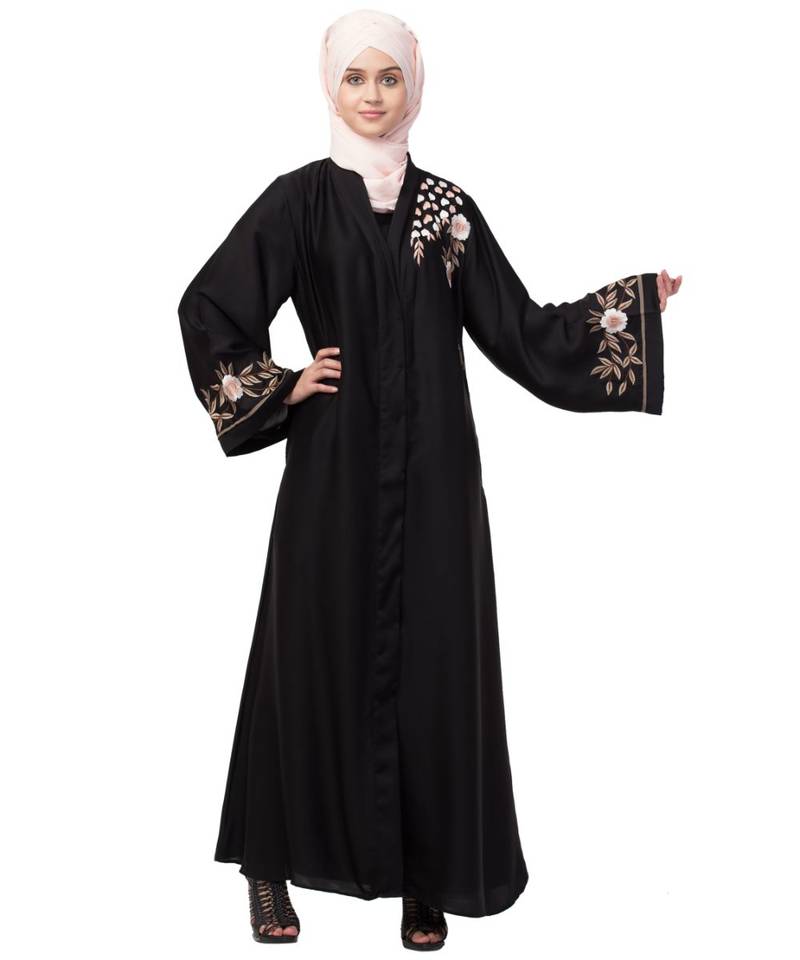 Black Nazneen Resham Embroidered Front Open Abaya for EID