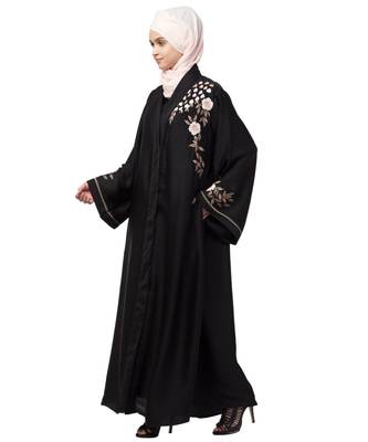 Black Nazneen Resham Embroidered Front Open Abaya for EID 3