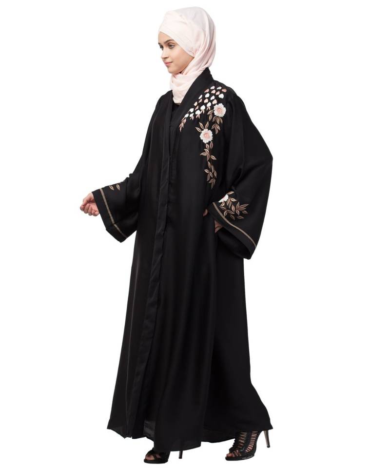 Black Nazneen Resham Embroidered Front Open Abaya for EID