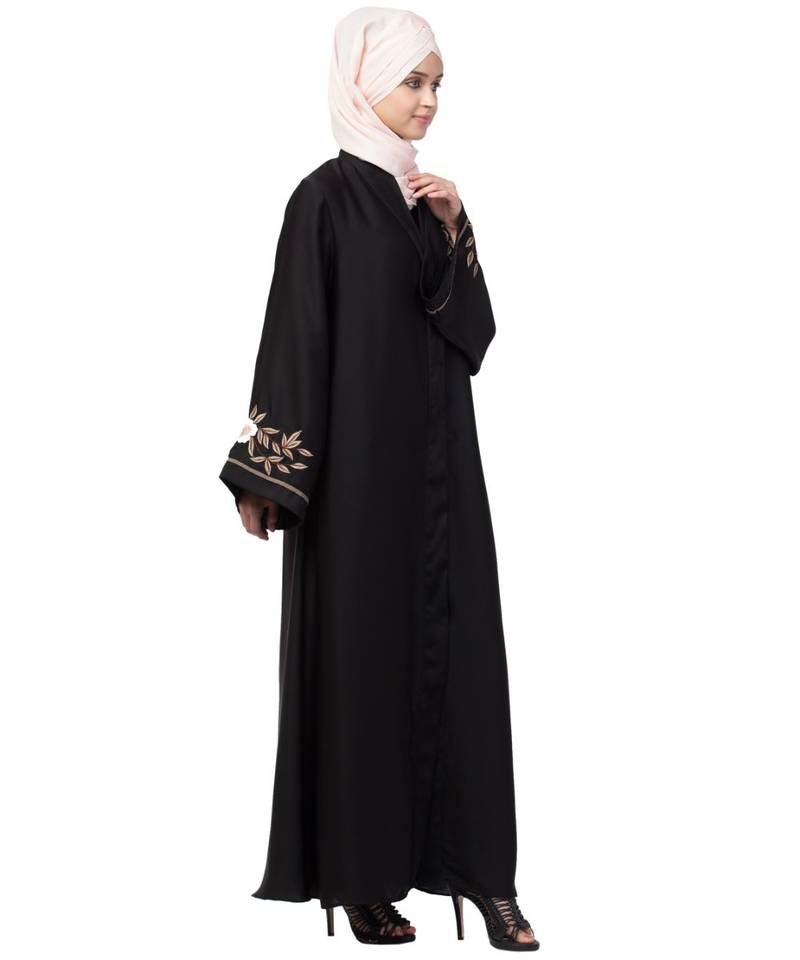 Black Nazneen Resham Embroidered Front Open Abaya for EID
