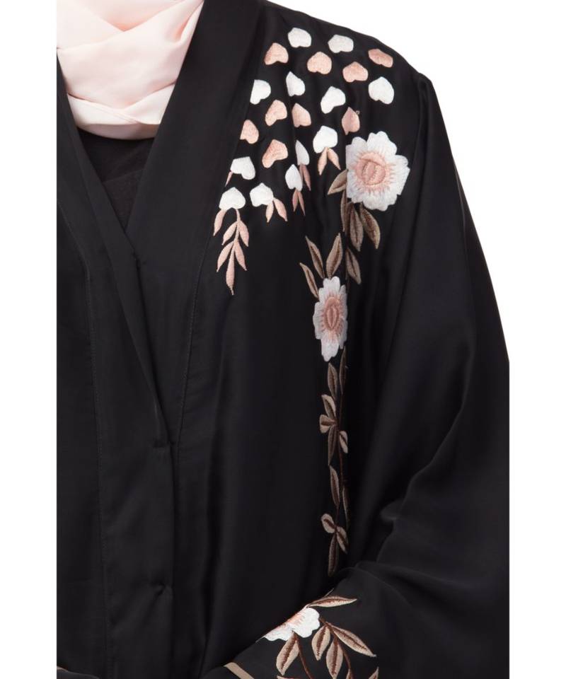 Black Nazneen Resham Embroidered Front Open Abaya for EID