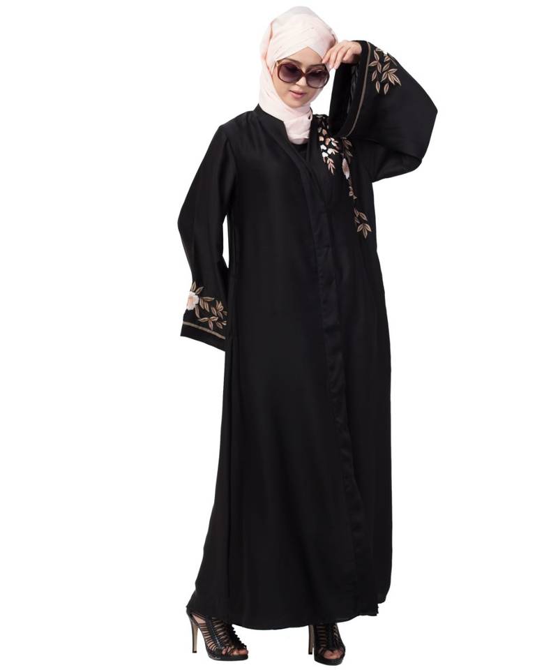 Black Nazneen Resham Embroidered Front Open Abaya for EID