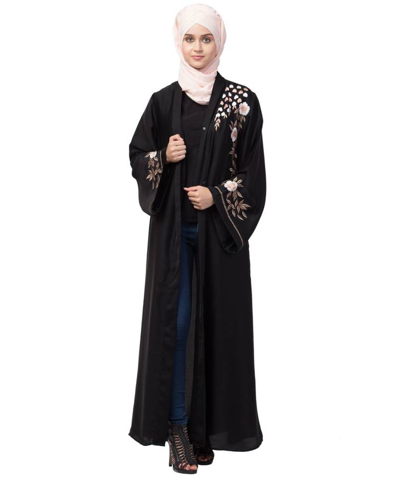 Black Nazneen Resham Embroidered Front Open Abaya for EID