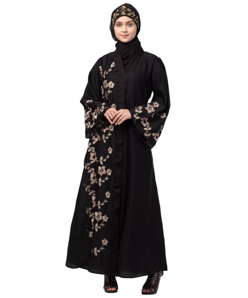 Nazneen right side and both sleeve Resham Embroidery Front open Abaya