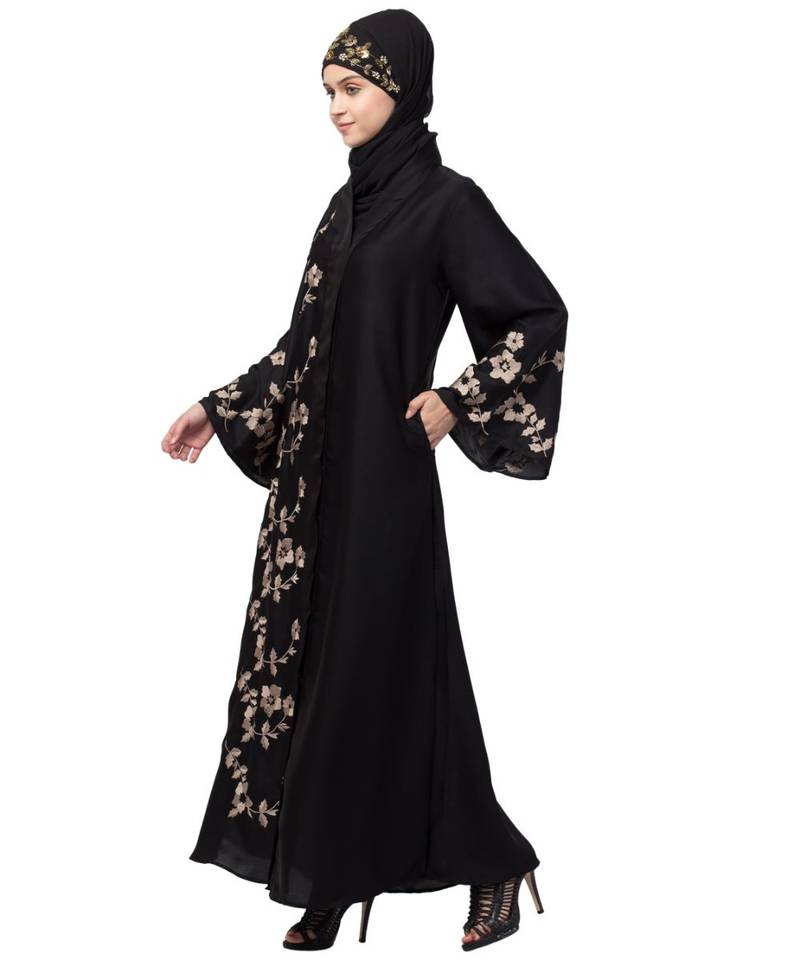 Nazneen right side and both sleeve Resham Embroidery Front open Abaya