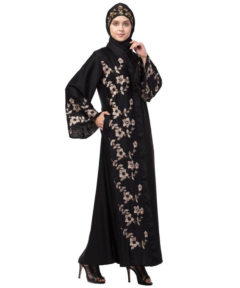 Nazneen right side and both sleeve Resham Embroidery Front open Abaya