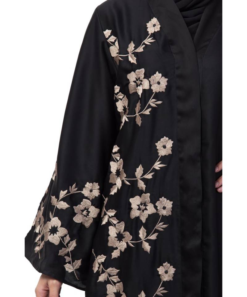 Nazneen right side and both sleeve Resham Embroidery Front open Abaya