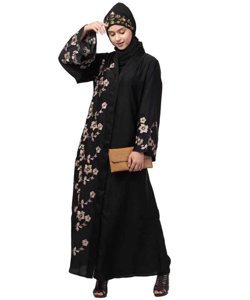 Nazneen right side and both sleeve Resham Embroidery Front open Abaya