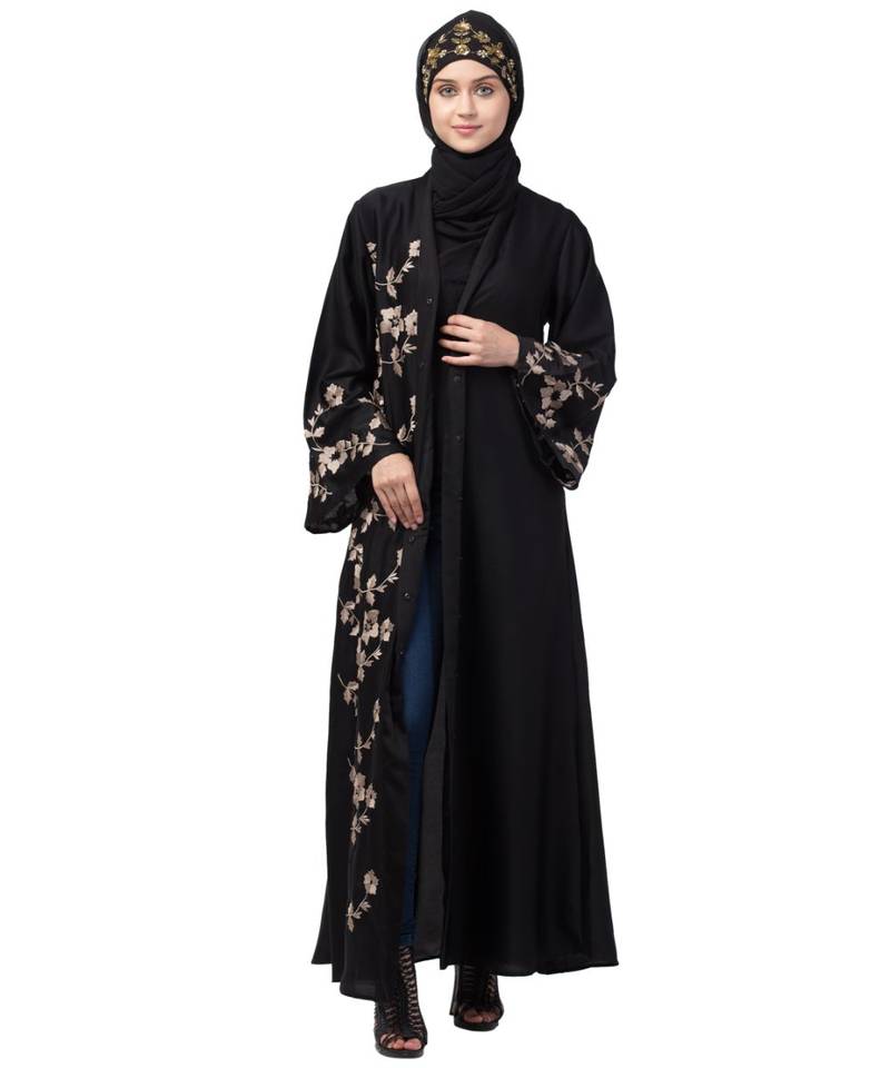 Nazneen right side and both sleeve Resham Embroidery Front open Abaya