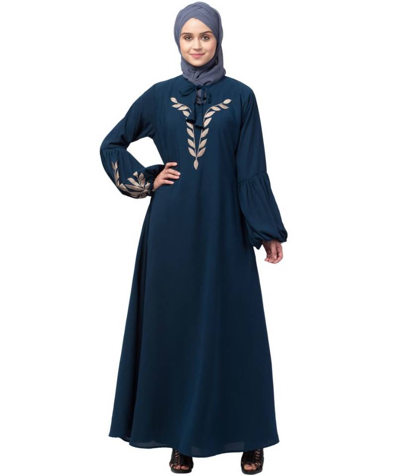 Nazneen Front and Sleeve Resham Embroidery Balloon Sleeve Abaya