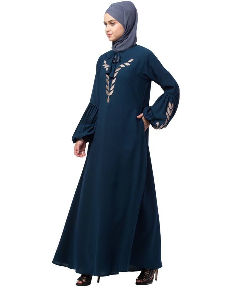 Nazneen Front and Sleeve Resham Embroidery Balloon Sleeve Abaya