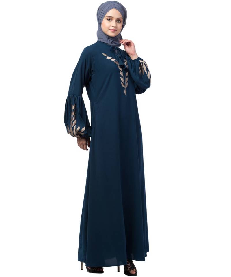 Nazneen Front and Sleeve Resham Embroidery Balloon Sleeve Abaya