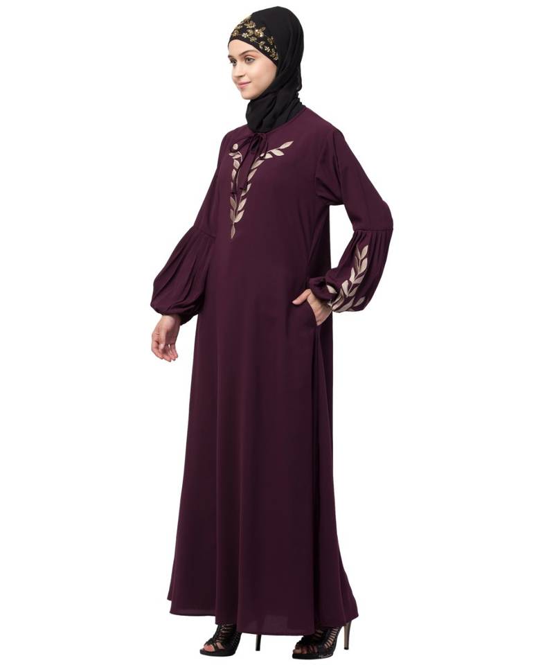 Nazneen Front and Sleeve Resham Embroidery Balloon Sleeve Abaya