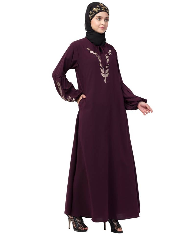Nazneen Front and Sleeve Resham Embroidery Balloon Sleeve Abaya