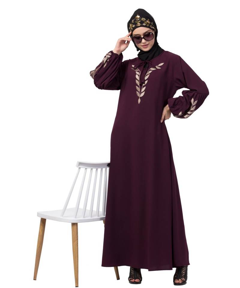 Nazneen Front and Sleeve Resham Embroidery Balloon Sleeve Abaya