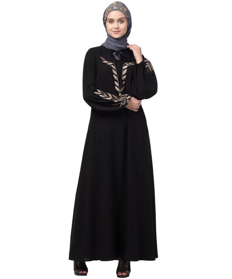 Nazneen Front and Sleeve Resham Embroidery Balloon Sleeve Abaya