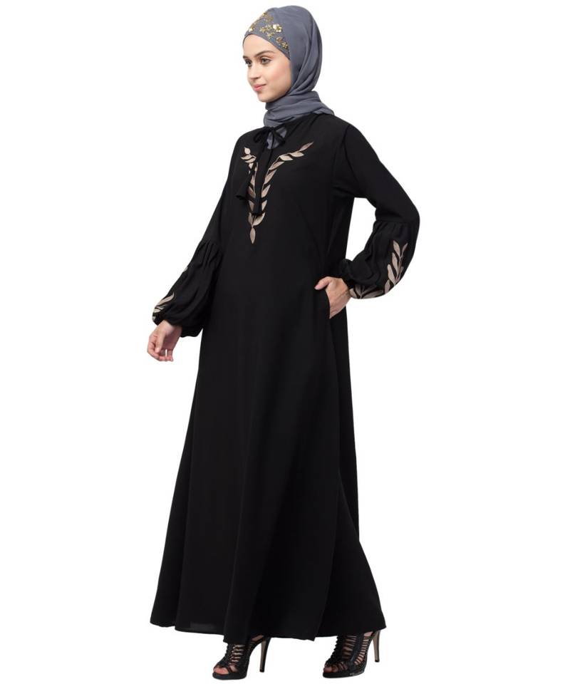 Nazneen Front and Sleeve Resham Embroidery Balloon Sleeve Abaya