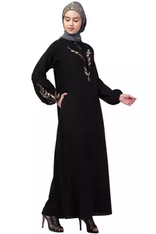 Nazneen Front and Sleeve Resham Embroidery Balloon Sleeve Abaya