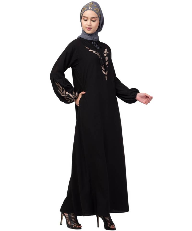 Nazneen Front and Sleeve Resham Embroidery Balloon Sleeve Abaya
