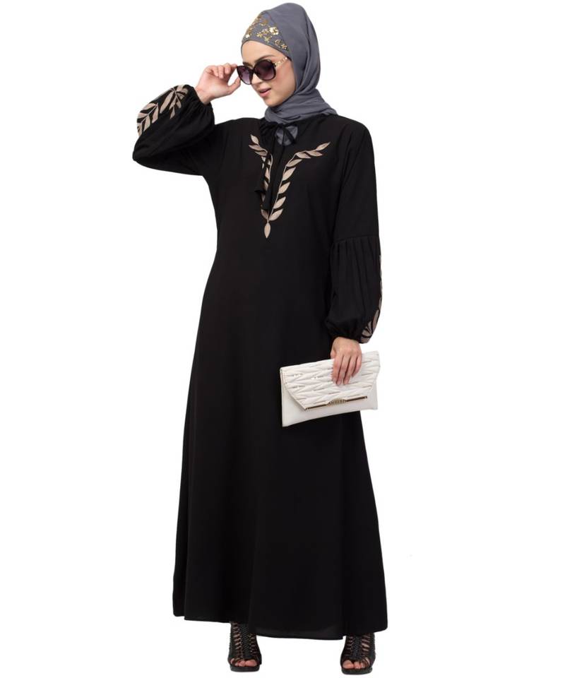 Nazneen Front and Sleeve Resham Embroidery Balloon Sleeve Abaya