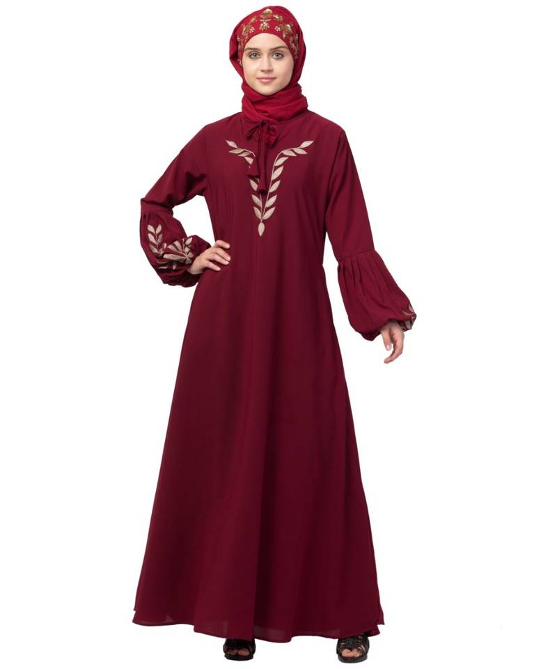 Nazneen Front and Sleeve Resham Embroidery Balloon Sleeve Abaya