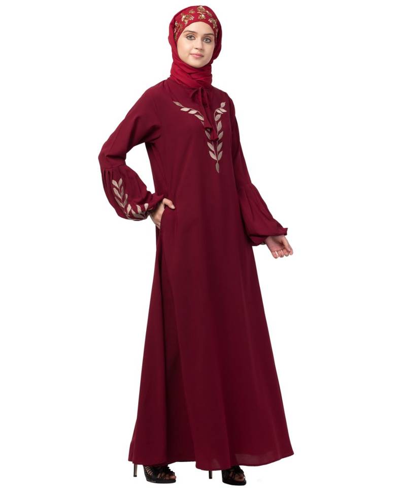 Nazneen Front and Sleeve Resham Embroidery Balloon Sleeve Abaya