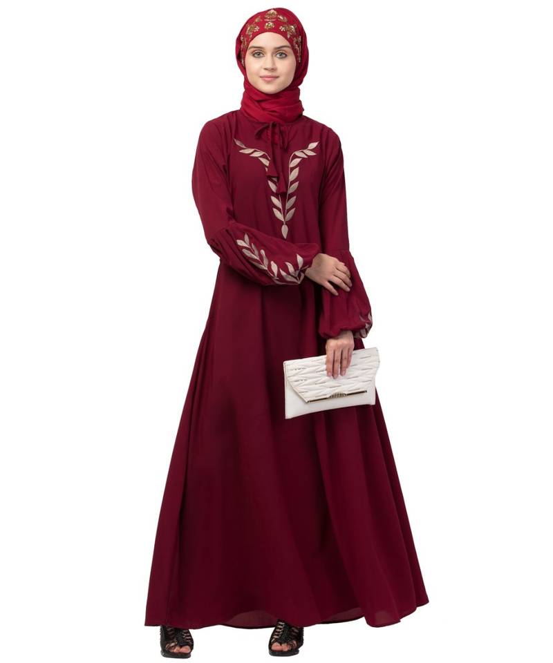 Nazneen Front and Sleeve Resham Embroidery Balloon Sleeve Abaya