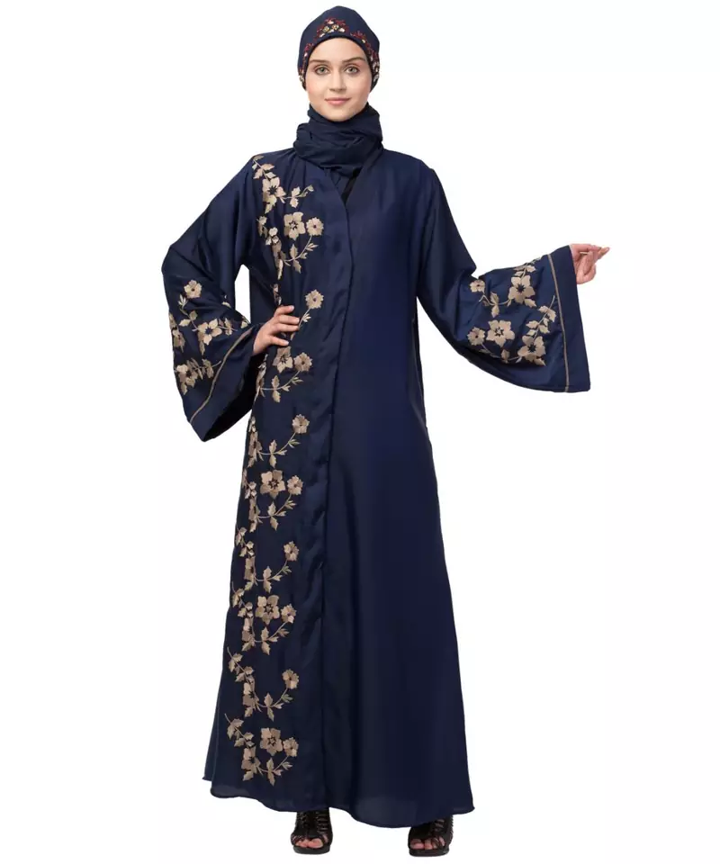 Nazneen right side and both sleeve Resham Embroidery Front open Abaya