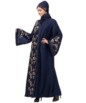 Navy Blue Nida Printed Gold Floral Abaya 2