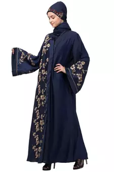 Navy Blue Nida Printed Gold Floral Abaya