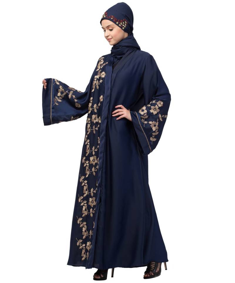 Navy Blue Nida Printed Gold Floral Abaya