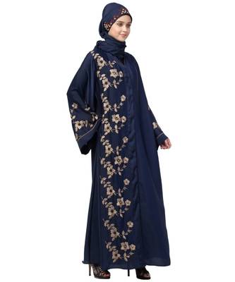 Navy Blue Nida Printed Gold Floral Abaya 3