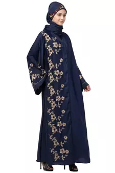 Navy Blue Nida Printed Gold Floral Abaya