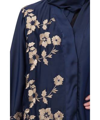 Navy Blue Nida Printed Gold Floral Abaya 4