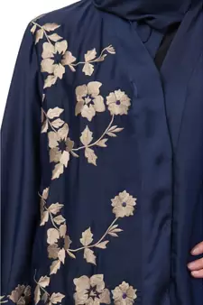 Navy Blue Nida Printed Gold Floral Abaya