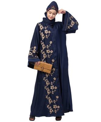 Navy Blue Nida Printed Gold Floral Abaya 5